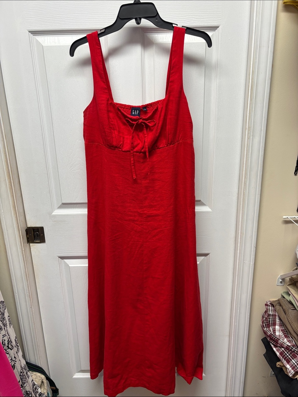 GAP Red Tie-Front A-Line Maxi Linen Dress Adjustable Straps Side Zip Medium